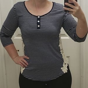 West Kei Blue White Stripes Crochet Sides 3/4 Sleeve Woman  PL